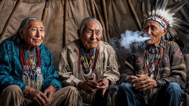 Native American elders sitting in a circle inside a tepee, smoking from a peace pipe and sharing wisdom passed down through generations