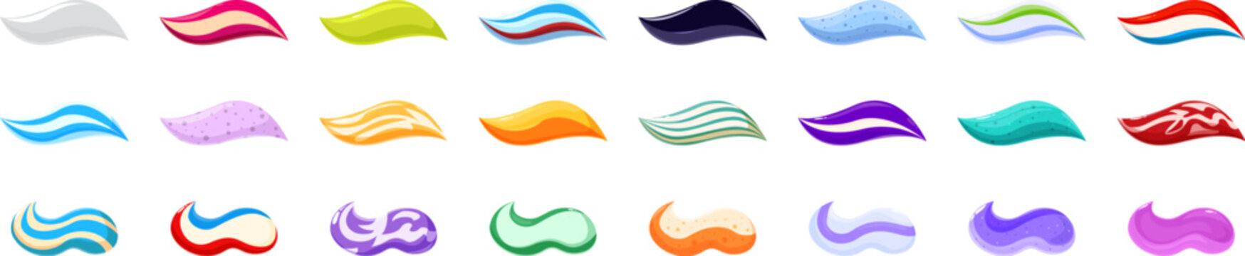 Toothpaste smear icons set. Set of colorful toothpaste smears in different flavors, perfect for showcasing oral hygiene products or dental care concepts