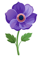 Elegant Purple Anemone Flower Illustration - Stunning Floral Art with Vibrant Petals and Green Leaves, Ideal for Decor and Designs, Anemone Vector Illustration, Vector Flower Illustration
