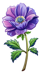 Elegant Purple Anemone Flower Illustration - Stunning Floral Art with Vibrant Petals and Green Leaves, Ideal for Decor and Designs, Anemone Vector Illustration, Vector Flower Illustration
