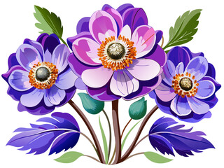 Elegant Purple Anemone Flower Illustration - Stunning Floral Art with Vibrant Petals and Green Leaves, Ideal for Decor and Designs, Anemone Vector Illustration, Vector Flower Illustration
