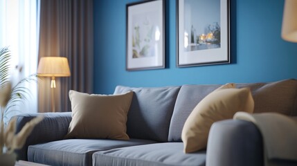 Contemporary Living Room with Blue Wall and Sofa