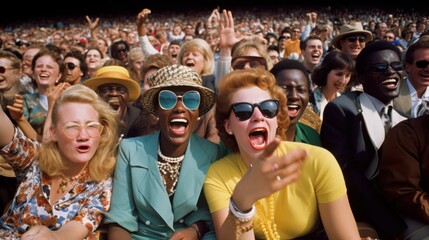 A vibrant crowd of diverse individuals cheering and celebrating together at an outdoor event, exuding pure joy and energy.