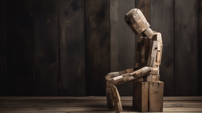 Wooden mannequin artfully posed, sitting contemplatively on a wooden box against a rustic wooden backdrop. - Powered by Adobe