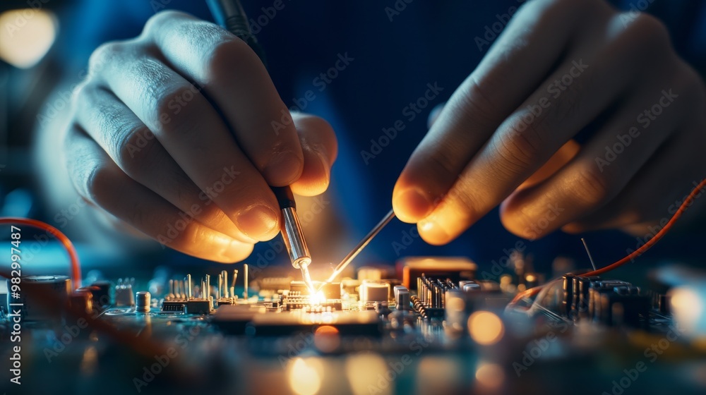 Poster an electronics technician focuses intently while soldering small components onto a circuit board, sh