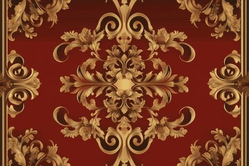 Golden Baroque Ornamental Pattern on Red Background