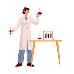 Oil Industry Woman Worker Character at Laboratory Test Fossil Sample in Flask Vector Illustration