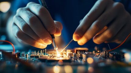 An electronics technician focuses intently while soldering small components onto a circuit board, showcasing precision and craftsmanship in a busy workshop environment