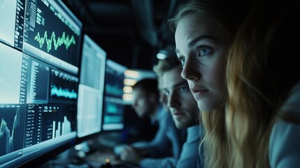 A group of analysts focuses intently on large screens, analyzing data trends and statistics during a collaborative session in a modern workspace