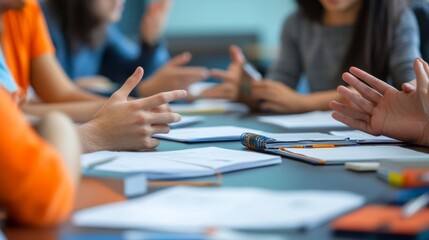 A group of individuals gather around a table, actively discussing and gesturing as they share ideas and insights during a collaborative meeting
