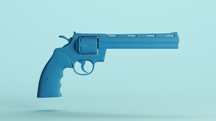 Blue gun pistol weapon handgun revolver firearm barrel trigger security monochrome pale blue neutral colour  background right view 3d illustration render