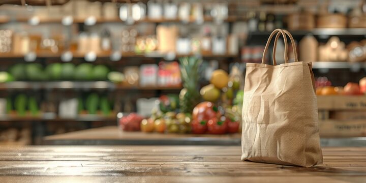 Reusable canvas shopping bag standing on wooden counter in grocery store