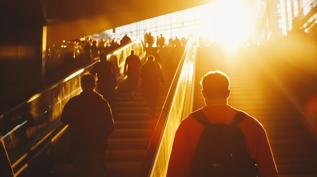 Eager fans walk up the tunnel, silhouetted against the warm glow of a setting sun, creating a vibrant atmosphere full of anticipation and excitement