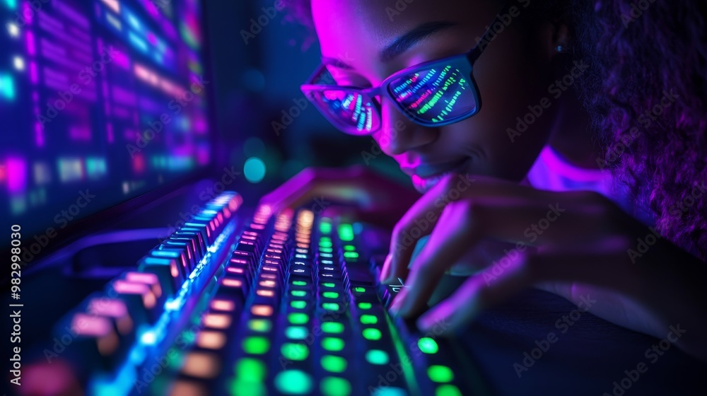 Poster fingers dance across a mechanical keyboard with colorful key lighting as a coder focuses intently on