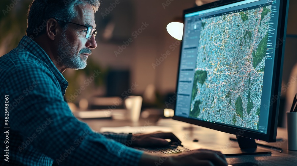 Poster a man in glasses concentrates on analyzing complex geographic data displayed on a large screen while
