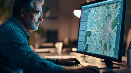 A man in glasses concentrates on analyzing complex geographic data displayed on a large screen while seated at his desk in a dimly lit office environment
