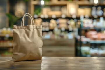 Reusable canvas shopping bag standing on wooden table in supermarket