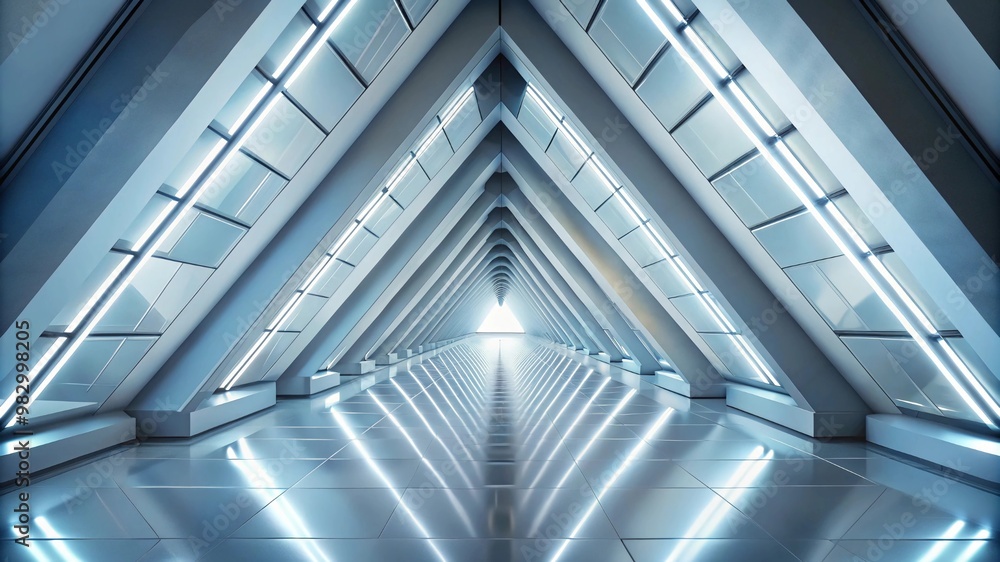 Poster empty long light corridor. modern white background. futuristic sci-fi triangle tunnel. 3d rendering.