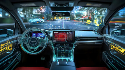 Futuristic Car Interior with Augmented Reality Displays and Heads-Up Display