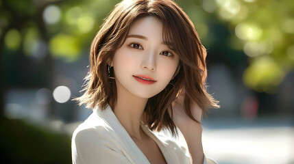 Naklejka premium Beautiful Woman with Short Brown Hair Smiles Gently in Sunny Outdoor Portrait