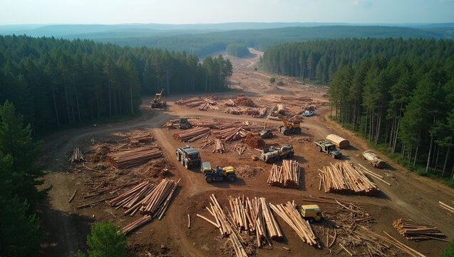 Aerial view of logging site with machinery tree felling and piles of logs showing deforestation