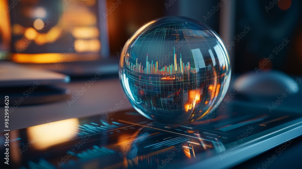 Poster a glass sphere sits on a desk, mirroring intricate digital graphs and charts that represent data ana