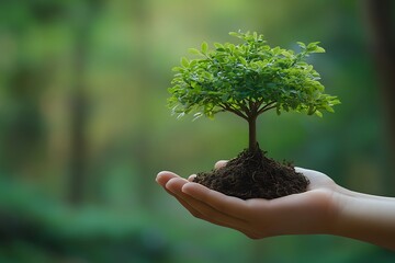 Hands holding small tree sprout growing from soil