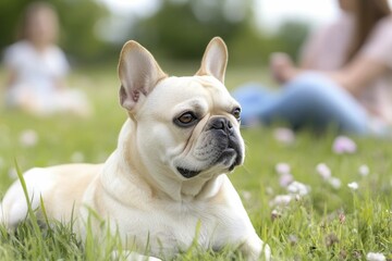 Fototapeta premium Relaxed Dog Enjoying a Sunny Day Laying in Lush Green Grass, Capturing the Essence of Peaceful Outdoor Moments and the Joy of Nature