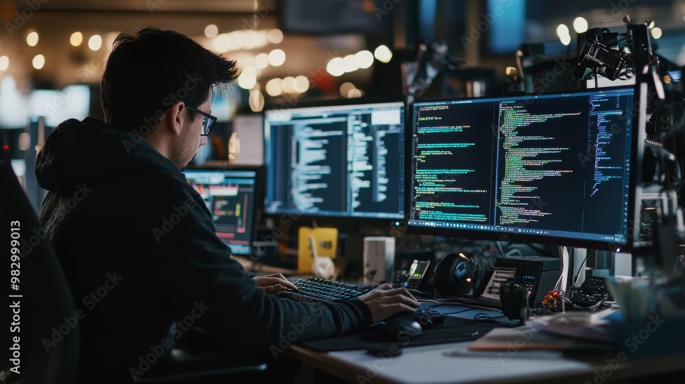 Poster a dedicated software engineer focuses on writing code at a cluttered desk, illuminated by multiple s