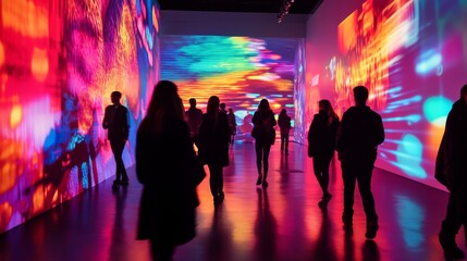 A diverse group of people strolls beneath colorful large-scale digital artwork, transforming the gallery into an immersive experience filled with light and motion