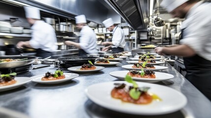 Chefs in a fast-paced kitchen expertly prepare and plate gourmet dishes, showcasing their skills amidst the lively atmosphere of dinner service