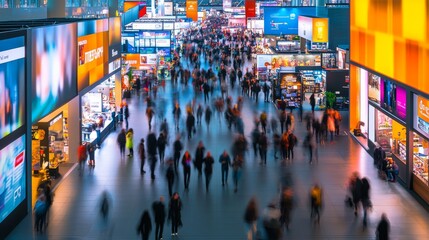 The bustling atmosphere of an exhibition center is captured from above, showcasing visitors engaging with various stalls and lively displays throughout the venue