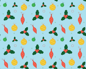 Composition Christmas holly green leaves red berries, Christmas decorations seamless vector pattern on blue background