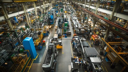 Fototapeta premium The factory floor reveals a complex layout of machinery and assembly lines, where workers are actively engaged in their tasks, contributing to production