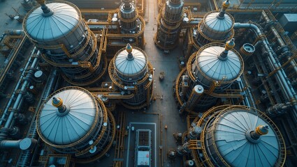 Obraz premium Industrial oil refinery with workers in safety gear massive tanks pipes and walkways