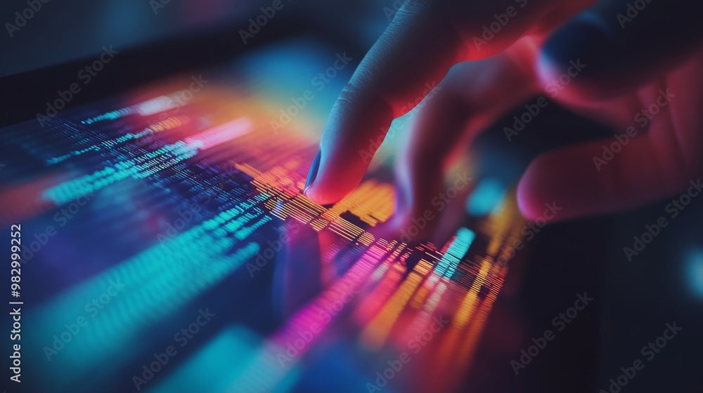 Poster a close-up view captures fingers interacting with a vibrant tablet screen, where blurred lines of co