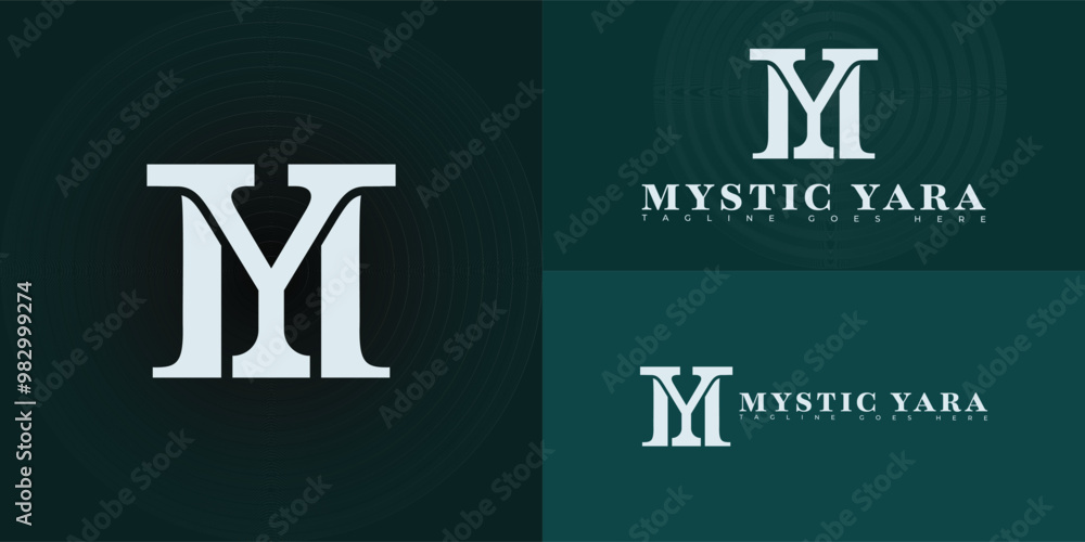 Poster modern vector initial letter my or ym logo in soft blue-white color isolated on multiple background 