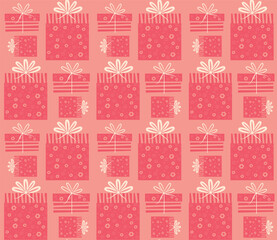 Flat illustration of gift boxes, cute bows, vector pattern, red background