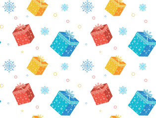 Flying 3d gift boxes with decor, vector illustration, seamless pattern on white background