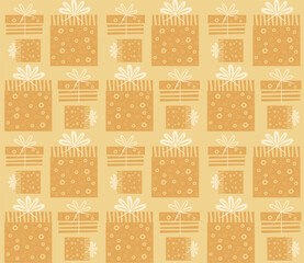 Flat illustration of gift boxes, cute bows, vector pattern, craft background