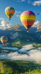 Naklejka premium Multicolored balloons hover over the mountains, from the foot of which fog rises. The sky is clear blue, dotted with fluffy white clouds that contrast beautifully with the bright colors of each balloo
