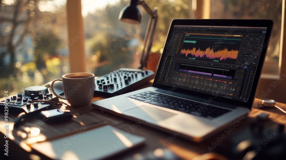 Poster this workspace features a laptop revealing audio editing software with vibrant waveforms, complement