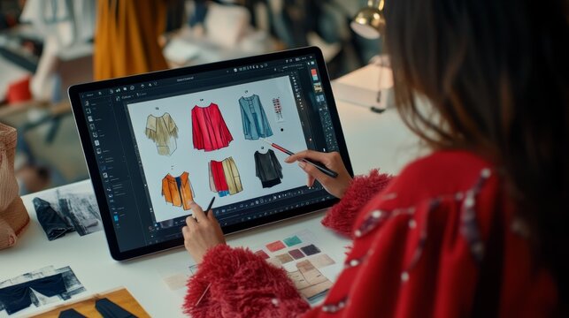 The fashion designer is focused on sketching various clothing concepts using a stylus on a digital tablet. Surrounding materials and patterns enhance the creative atmosphere