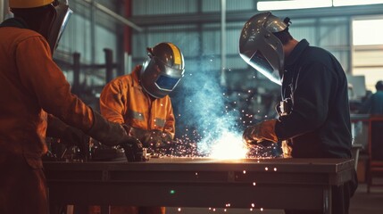 A skilled welder in full safety gear demonstrates essential welding techniques to a group of attentive workers in an industrial workshop