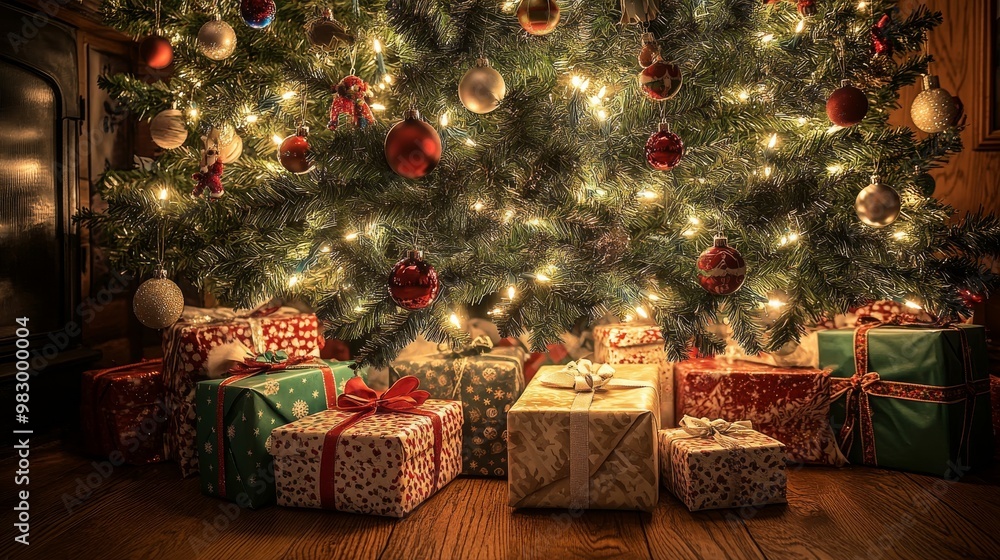 Poster the christmas tree sparkles with colorful ornaments and twinkling lights, surrounded by neatly wrapp
