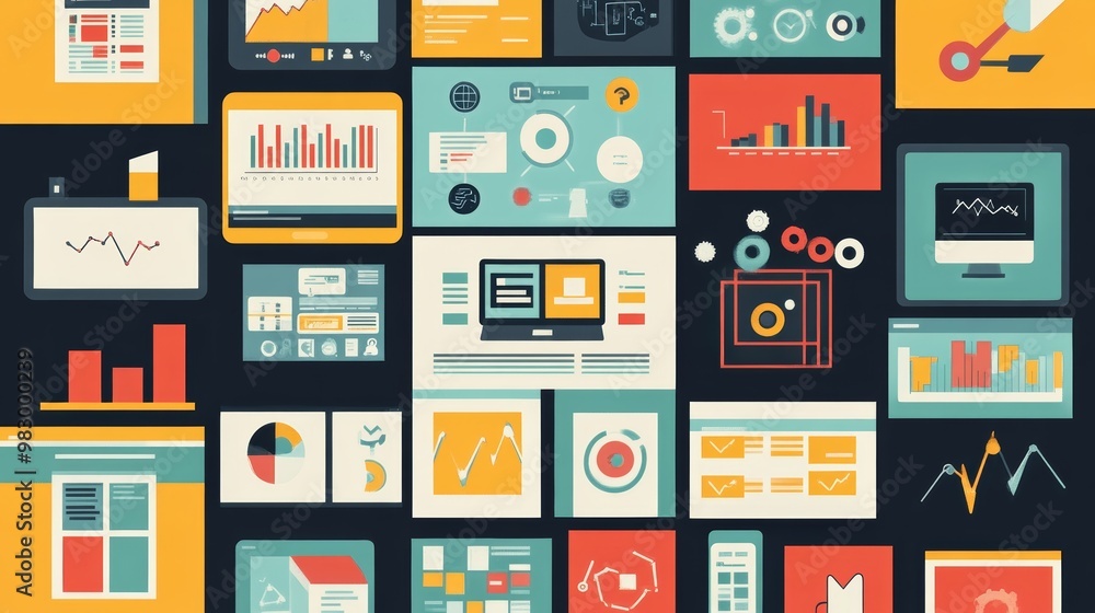 Poster abstract data visualization with various icons and graphs