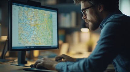 A focused man is seated at his desk, analyzing geographic data on his computer screen. The office is illuminated, creating a productive atmosphere for work