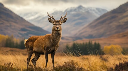 A female red deer stands amidst the stunning expanse of the Scottish Highlands.