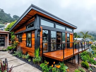 Tiny home in a coastal village, with a small garden, rooftop deck, and rustic wooden architecture, blending perfectly with the surrounding environment