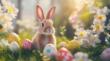 Easter Bunny Surrounded by Colorful Eggs